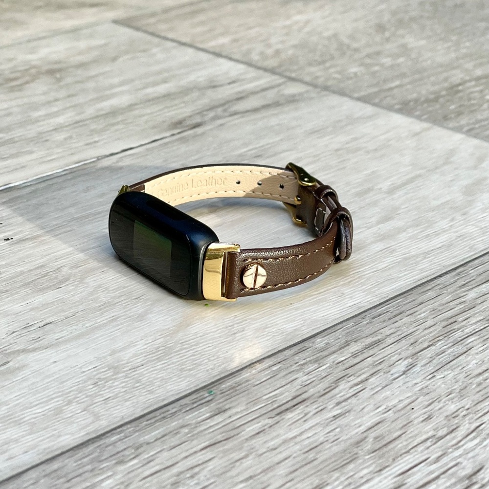 Slim Leather Fitbit Inspire 3 Band: Gold Accent Strap Bracelet, Adjustable Size